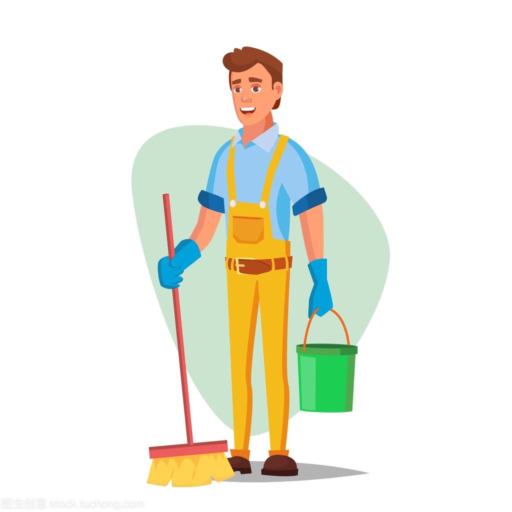 辦公室清潔服務向量。洗衣機, 掃帚孤立的白色卡通人物插圖